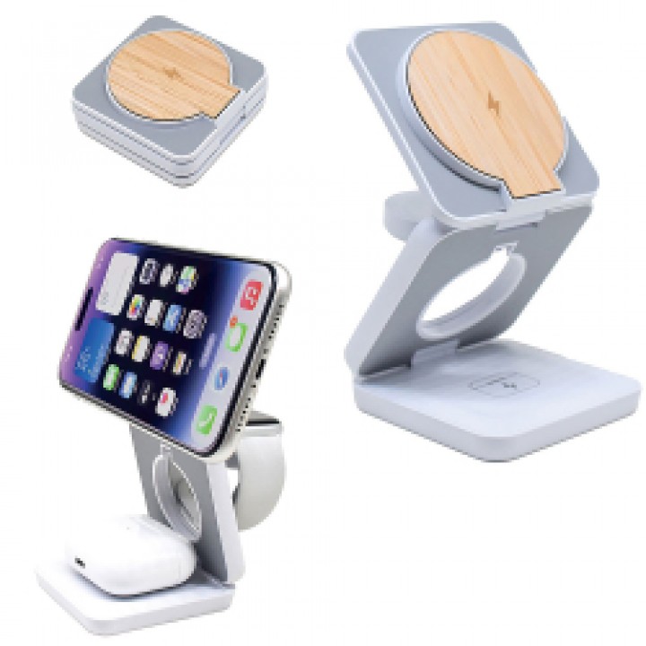 Bambu Detaylı 3’ü 1 Arada Katlanabilir Wireless Şarj Cihazı MagSafe Telefon Standlı